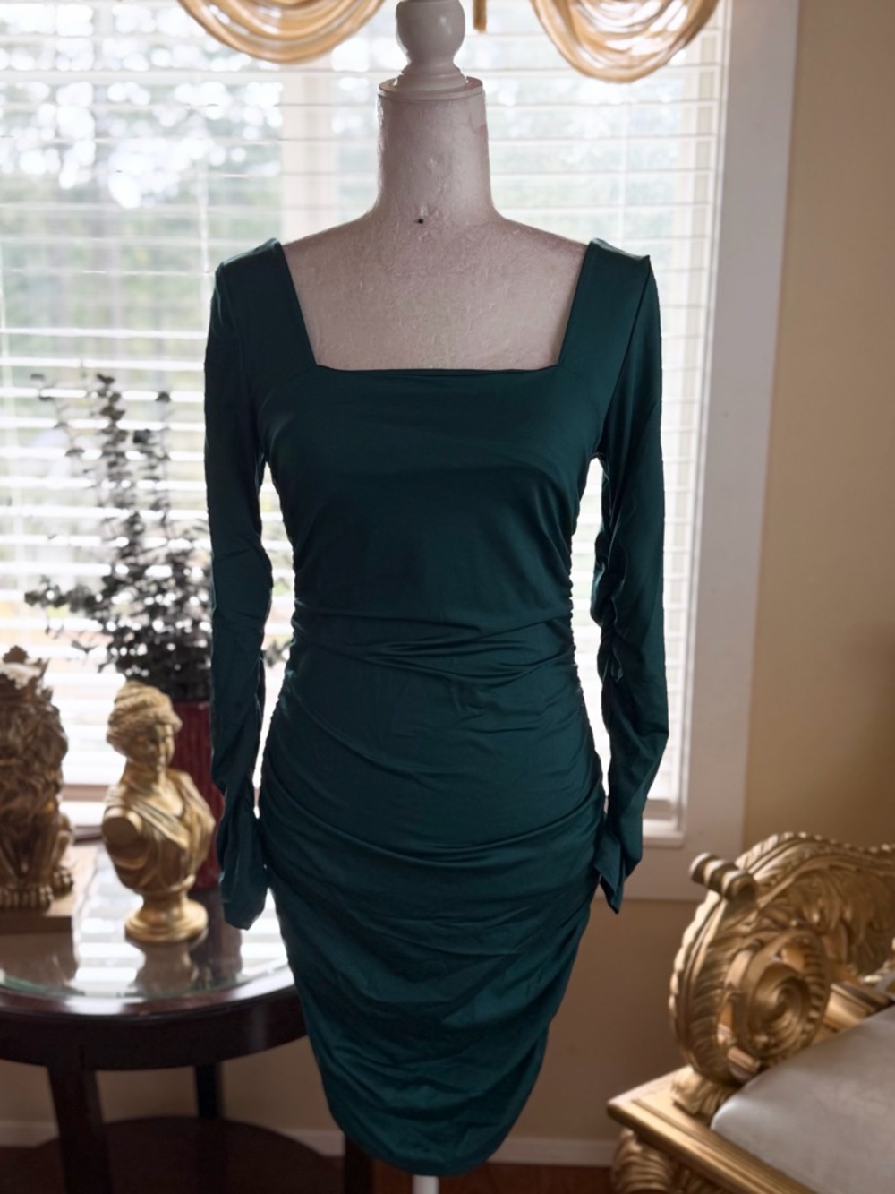 Women's Dark Teal Square Neck Long Sleeve Ruched Dress